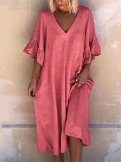 Women's Casual Dress Cotton Linen Dress Swing Dress Midi Dress Cotton Blend Basic Casual Outdoor Daily V Neck Ruffle Patchwork Half Sleeve Summer Spring 2023 Loose Fit Light Blue Pink Blue Plain S M -HAYz Clothing Shop nsbndw1677045654421