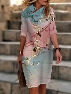 Women's Casual Dress Cotton Linen Dress Shift Dress Midi Dress Polyester Fashion Casual Daily Outdoor Daily Vacation Turtleneck Button Print 3/4 Length Sleeve Summer Spring Fall 2023 Loose Fit Black