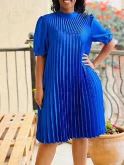 Women‘s Plus Size Curve Casual Dress Shift Dress Solid Color Midi Dress Short Sleeve Ruched Pleated Stand Collar Fashion Daily White Red Summer Spring L XL 2XL 3XL