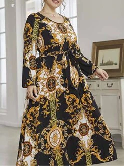 Women's Plus Size Curve Work Dress Swing Dress Semi Formal Dress Fashion Long Dress Maxi Dress Lace Up Print Crew Neck Long Sleeve Floral Color Block Regular Fit Black Fall Winter L XL XXL 3XL 4XL