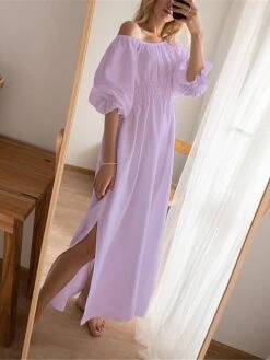 Women's Casual Dress Cotton Linen Dress White Dress Maxi Long Dress Linen / Cotton Blend Basic Classic Outdoor Daily Vacation Off Shoulder Backless Split Half Sleeve Summer Spring Fall 2023 Loose Fit -HAYz Clothing Shop nslogb1689325818740
