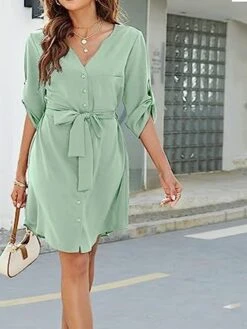 Women's Shirt Dress Casual Dress Work Dress Mini Dress Office Business Daily Polyester Fashion Classic V Neck Button Rolled Cuff 3/4 Length Sleeve Summer Spring Fall 2023 Regular Fit Green Plain S-3XL 7 Women's Shirt Dress Casual Dress Work Dress Mini Dress Office Business Daily Polyester Fashion Classic V Neck Button Rolled Cuff 3/4 Length Sleeve Summer Spring Fall 2023 Regular Fit Green Plain S-3XL -HAYz Clothing Shop nsvgst1688541870140