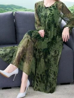 Women's Two Piece Dress Set Casual Dress Shift Dress Daily Going Out Streetwear Casual Print Midi Dress V Neck 3/4 Length Sleeve Leopard Loose Fit Green Fall M L XL XXL 3XL -HAYz Clothing Shop ntcvlr1695106208444