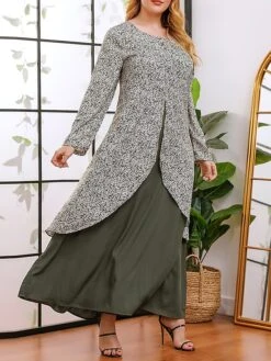Women's Plus Size Curve Casual Dress A Line Dress Floral Dress Solid Color Floral Long Dress Maxi Dress Long Sleeve Fake Two Piece Crew Neck Fashion Party Green Fall Winter XL XXL 3XL 4XL -HAYz Clothing Shop ntdlfy1695018762831