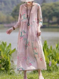 Women's Casual Dress Cotton Linen Dress Swing Dress Midi Dress Linen / Cotton Blend Sweet Style Modern Outdoor Daily Holiday Crew Neck Print 3/4 Length Sleeve Fall Winter Autumn 2023 Loose Fit Light -HAYz Clothing Shop ntdyfh1693553157105