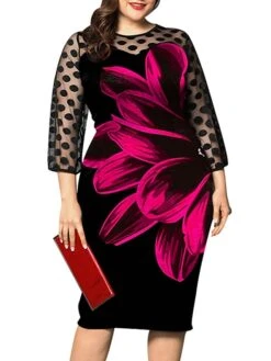 Women‘s Plus Size Curve Party Dress Cocktail Dress Sheath Dress Midi Dress Black Red Fuchsia 3/4 Length Sleeve Floral Mesh Summer Spring Fall Crew Neck Fashion Wedding Guest Vacation Fall Dress -HAYz Clothing Shop ntfdkh1691399925065