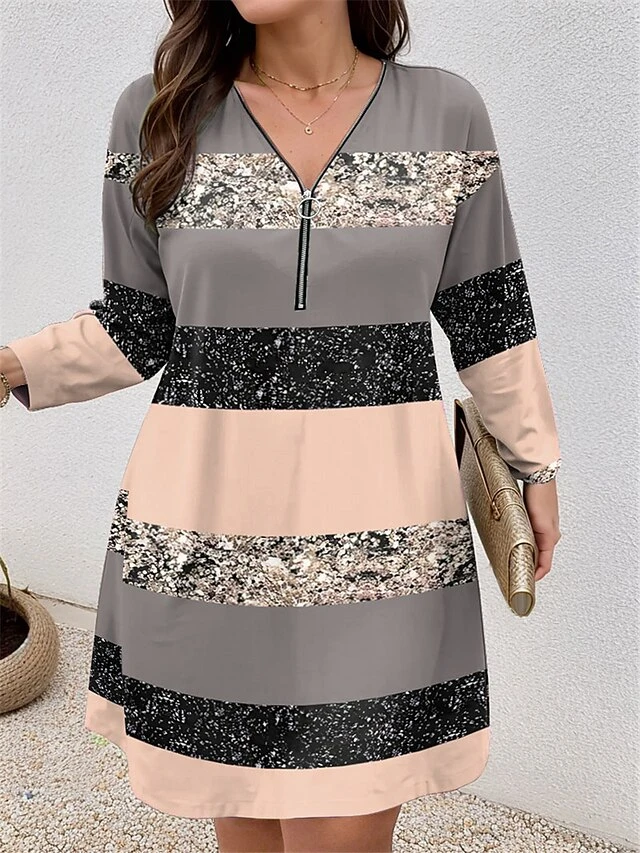 Women's Plus Size Curve Casual Dress Winter Dress Stripe Mini Dress Long Sleeve Print V Neck Fashion Outdoor Pink Blue Fall Winter L XL 2XL 3XL 4XL 4 Women's Plus Size Curve Casual Dress Winter Dress Stripe Mini Dress Long Sleeve Print V Neck Fashion Outdoor Pink Blue Fall Winter L XL 2XL 3XL 4XL - Image 4