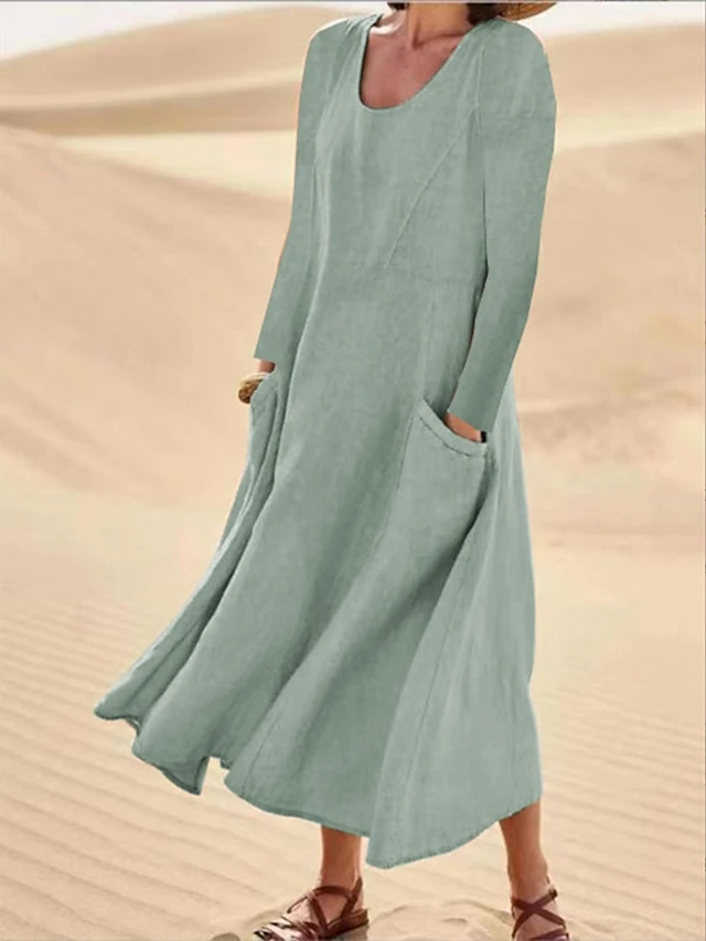Women's Casual Dress Cotton Linen Dress Swing Dress Maxi Long Dress Linen Cotton Blend Classic Casual Winter Dress Daily Weekend Crew Neck Pocket Long Sleeve Summer Spring Fall 2023 Loose Fit Black 3 Women's Casual Dress Cotton Linen Dress Swing Dress Maxi Long Dress Linen Cotton Blend Classic Casual Winter Dress Daily Weekend Crew Neck Pocket Long Sleeve Summer Spring Fall 2023 Loose Fit Black - Image 3