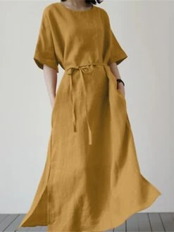 Women's Casual Dress Cotton Linen Dress Swing Dress Maxi Long Dress Cotton Blend Elegant Casual Outdoor Daily Holiday Crew Neck Pocket Tie Belt Short Sleeve Summer Spring 2023 Regular Fit Black