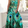 Women's Plus Size Curve Casual Dress Swing Dress Strap Dress Peacock Feather Maxi Long Dress Sleeveless Print Strap Romantic Daily Deep Purple Deep Green Summer Spring L XL XXL 3XL 4XL