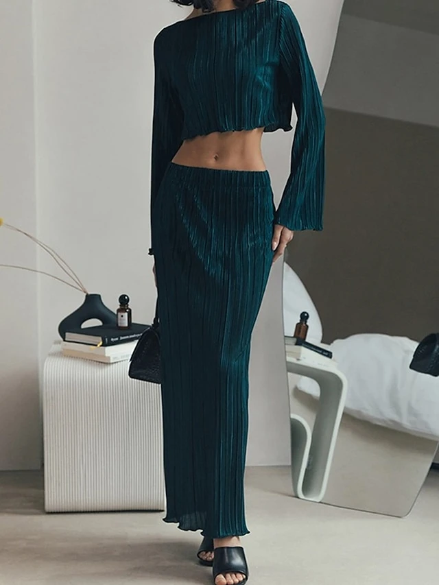 Women's Two Piece Dress Set Casual Dress Skirt Set Outdoor Daily Fashion Streetwear Pleated Midi Dress Crew Neck Long Sleeve Plain Regular Fit Blue Green Rose Red Fall Winter S M L 1 Women's Two Piece Dress Set Casual Dress Skirt Set Outdoor Daily Fashion Streetwear Pleated Midi Dress Crew Neck Long Sleeve Plain Regular Fit Blue Green Rose Red Fall Winter S M L