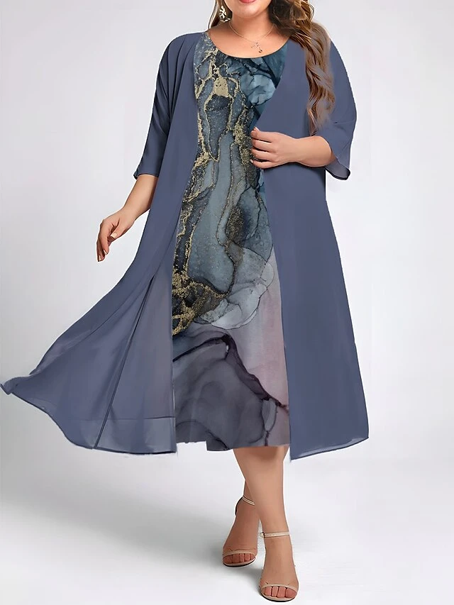 Women's Plus Size Two Piece Dress Set Casual Dress Swing Dress Outdoor Daily Fashion Elegant Print Midi Dress Crew Neck 3/4 Length Sleeve Floral Ombre Loose Fit Navy Blue Blue Dark Green Fall Winter 4 Women's Plus Size Two Piece Dress Set Casual Dress Swing Dress Outdoor Daily Fashion Elegant Print Midi Dress Crew Neck 3/4 Length Sleeve Floral Ombre Loose Fit Navy Blue Blue Dark Green Fall Winter - Image 4