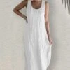Women's Cotton Linen Dress Shift Dress White Dress Midi Dress Linen / Cotton Blend Daily Daily Crew Neck Splice Basic Sleeveless Summer 2023 Loose Fit Black White Pink Plain S M L XL 2XL