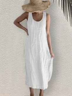 Women's Cotton Linen Dress Shift Dress White Dress Midi Dress Linen / Cotton Blend Daily Daily Crew Neck Splice Basic Sleeveless Summer 2023 Loose Fit Black White Pink Plain S M L XL 2XL