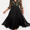 Women's Plus Size Curve Party Dress Chiffon Dress Swing Dress Floral Long Dress Maxi Dress 3/4 Length Sleeve Mesh Patchwork V Neck Fashion Party Black Fall Winter L XL XXL 3XL 4XL