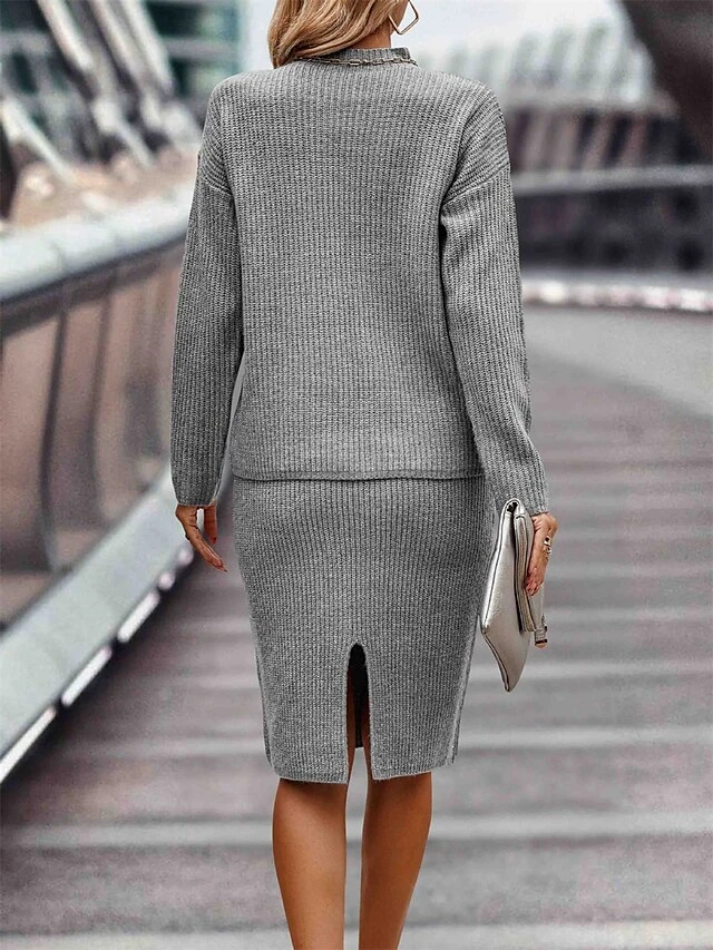 Women's Two Piece Dress Set Casual Dress Skirt Set Outdoor Daily Fashion Streetwear Ribbed Midi Dress Stand Collar Long Sleeve Plain Loose Fit Khaki Gray Fall Winter S M L XL XXL 2 Women's Two Piece Dress Set Casual Dress Skirt Set Outdoor Daily Fashion Streetwear Ribbed Midi Dress Stand Collar Long Sleeve Plain Loose Fit Khaki Gray Fall Winter S M L XL XXL - Image 2