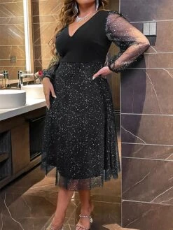 Women's Plus Size Curve Party Dress Cocktail Dress Swing Dress Maxi Dress Black Navy Blue Long Sleeve Polka Dot Mesh Spring Fall Winter V Neck Fashion Birthday Wedding Guest Vacation XL XXL -HAYz Clothing Shop nvtbfi1692175627795