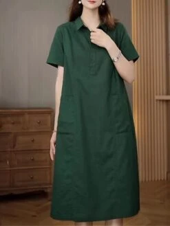 Women's Casual Dress Cotton Linen Dress Midi Dress Polyester Casual Daily Casual Outdoor Home Holiday Shirt Collar Pocket Short Sleeve Summer Spring 2023 Loose Fit Navy Blue Purple Brown Plain M L XL -HAYz Clothing Shop nvvniy1689763768532