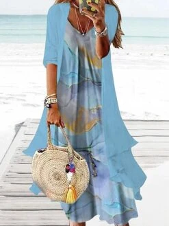 Women's Two Piece Dress Set Casual Dress Print Dress Daily Holiday Fashion Casual Print Maxi Dress V Neck Half Sleeve Marble Print Regular Fit Blue Summer Spring S M L XL XXL