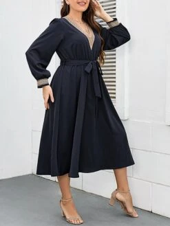 Women's Plus Size Party Dress Wedding Guest Dress Empire Waist Dresses Midi Dress Dark Blue Long Sleeve Pure Color Patchwork Spring Fall Winter V Neck Fashion Winter Dress Evening Party Wedding Guest -HAYz Clothing Shop nwcolz1693535281134