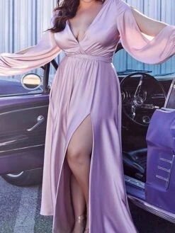 Women‘s Plus Size Curve Flattering Dresses Elegant Apple Shaped Dress Wedding Guest Party Dress Solid Color V Neck Split Long Sleeve Spring Fall Formal Prom Dress Maxi Long Dress Party Dress -HAYz Clothing Shop nwimyo1630401585129