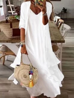 Women's Casual Dress Cotton Linen Dress Dress Set Maxi Long Dress Cotton Blend Fashion Elegant Outdoor Daily V Neck Layered 3/4 Length Sleeve Summer Spring Fall 2023 Regular Fit White Plain S M L XL