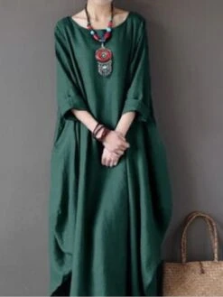 Women‘s Cotton Linen Dress Caftan Dress Shift Dress Long Dress Maxi Dress Green Red Light Blue White Black 3/4 Length Sleeve Pure Color Pocket Spring Summer Fall Boat Neck Basic Casual Loose Fit 2023 -HAYz Clothing Shop nwmffg1524453390452