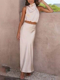 Women's Two Piece Dress Set Casual Dress Skirt Set Daily Holiday Fashion Sexy Ruched Long Dress Maxi Dress Stand Collar Sleeveless Plain Regular Fit Black White Light Green Summer Spring S M L XL -HAYz Clothing Shop nwqisq1690857196752