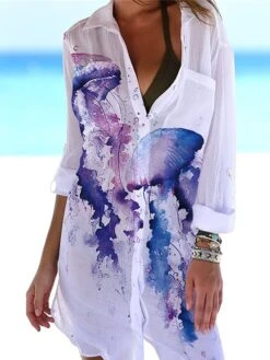 Women's Shirt Dress Cover Up Beach Wear Mini Dress Pocket Print Fashion Casual Fish Turndown 3/4 Length Sleeve Loose Fit Outdoor Daily White Blue 2023 Summer Spring S M L XL -HAYz Clothing Shop nwwrjp1676972499570