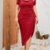 Women's Plus Size Party Dress Wedding Guest Dress Bodycon Midi Dress Black Wine Red Short Sleeve Pure Color Ruched Fall Winter Autumn V Neck Fashion Wedding Guest Vacation Fall Dress Loose Fit 2023