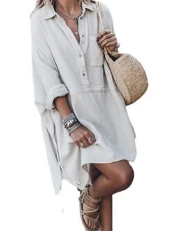 Women's Casual Dress Cotton Linen Dress Shift Dress Mini Dress Cotton Blend Basic Casual Daily Holiday Vacation Shirt Collar Ruffle Pocket 3/4 Length Sleeve Summer Spring 2023 Loose Fit White Dark -HAYz Clothing Shop nwysty1656924943708