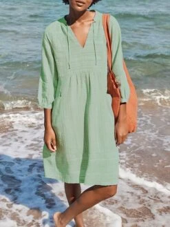 Women's Cotton Linen Dress Casual Dress Midi Dress Cotton Basic Classic Outdoor Daily Vacation V Neck Ruched Pocket 3/4 Length Sleeve Summer Spring Fall 2023 Regular Fit White Blue Green Plain S M L -HAYz Clothing Shop nxaycs1678437958778