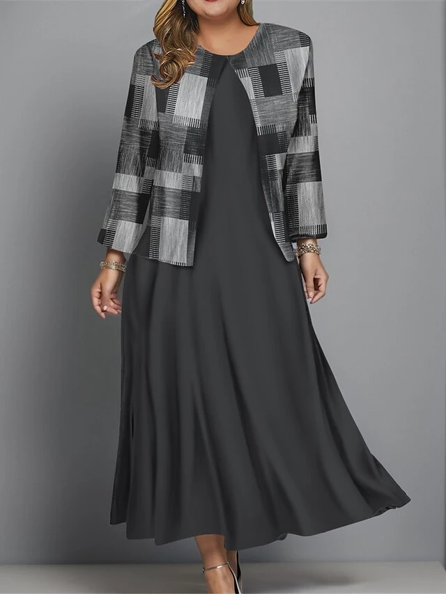 Women's Plus Size Two Piece Dress Set Casual Dress Swing Dress Outdoor Office Fashion Streetwear Print Midi Dress Crew Neck Long Sleeve Plaid Regular Fit Black Blue Brown Fall Winter L XL XXL 3XL 4XL 3 Women's Plus Size Two Piece Dress Set Casual Dress Swing Dress Outdoor Office Fashion Streetwear Print Midi Dress Crew Neck Long Sleeve Plaid Regular Fit Black Blue Brown Fall Winter L XL XXL 3XL 4XL - Image 3