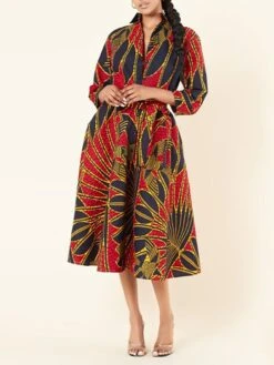 Women's Shirt Dress Print Dress Midi Dress Midi Dress Outdoor Daily Date Polyester Fashion Vintage Shirt Collar Lace Up Strappy Long Sleeve Summer Spring Fall 2023 Regular Fit Red Leaf Stripe Painting -HAYz Clothing Shop nxkypq1663921954050