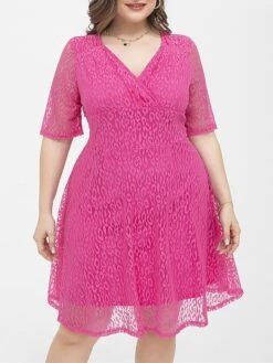 Women's Plus Size Curve Party Dress Lace Dress Cocktail Dress Midi Dress Fuchsia Half Sleeve Pure Color Lace Summer Spring Fall V Neck Fashion Birthday Wedding Guest Vacation 2023 XL XXL 3XL 4XL -HAYz Clothing Shop nxostc1692157191419