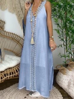 Women's Casual Dress Cotton Linen Dress White Dress Maxi Long Dress Polyester Lace Fashion Daily Weekend V Neck Lace Split Sleeveless Summer 2023 Loose Fit Lake Blue Black White Plain S M L XL 2XL -HAYz Clothing Shop nxriwx1686105104844