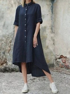 Women's Shirt Dress Casual Dress Cotton Dress Midi Dress Cotton Classic Casual Outdoor Daily Vacation Shirt Collar Ruched Button Long Sleeve Fall Winter Autumn 2023 Regular Fit Pink Red Navy Blue -HAYz Clothing Shop nycsou1693823266088