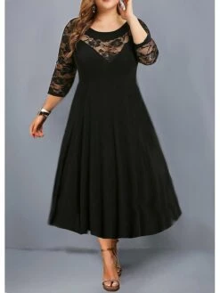 Women‘s Plus Size Curve Party Dress Color Block Crew Neck Lace 3/4 Length Sleeve Spring Fall Elegant Prom Dress Maxi Long Dress Formal Party Dress -HAYz Clothing Shop nylonb1650013780766