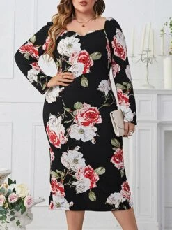 Women's Plus Size Curve Party Dress Cocktail Dress Wedding Guest Dress Midi Dress Black Long Sleeve Flower Print Spring Fall Winter Square Neck Fashion Winter Dress Wedding Guest Vacation XL XXL 3XL -HAYz Clothing Shop nymyji1692786979456