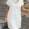 Women's Casual Dress Cotton Linen Dress Shift Dress Mini Dress Cotton Blend Fashion Basic Outdoor Daily Vacation Stand Collar Basic Short Sleeve Summer Spring 2023 Loose Fit Black White Blue Plain S