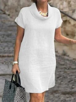 Women's Casual Dress Cotton Linen Dress Shift Dress Mini Dress Cotton Blend Fashion Basic Outdoor Daily Vacation Stand Collar Basic Short Sleeve Summer Spring 2023 Loose Fit Black White Blue Plain S