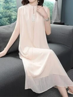 Women's Two Piece Dress Set Casual Dress Chiffon Dress Daily Holiday Fashion Streetwear Layered Midi Dress Stand Collar 3/4 Length Sleeve Plain Regular Fit White Beige Fall Winter M L XL XXL 3XL -HAYz Clothing Shop nzardp1697524672301