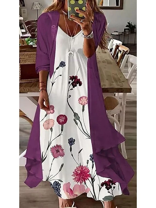 Women's Dress Set Two Piece Dress Swing Dress Long Dress Maxi Dress Black Purple Orange Half Sleeve Floral Summer Spring V Neck Elegant Loose Fit 2023 M L XL XXL XXXL 2 Women's Dress Set Two Piece Dress Swing Dress Long Dress Maxi Dress Black Purple Orange Half Sleeve Floral Summer Spring V Neck Elegant Loose Fit 2023 M L XL XXL XXXL - Image 2