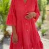Women's Casual Dress Cotton Linen Dress Mini Dress Polyester Fashion Modern Outdoor Daily Holiday Split Neck Button Eyelet 3/4 Length Sleeve Summer Spring Fall 2023 Loose Fit Red Plain S M L XL 2XL