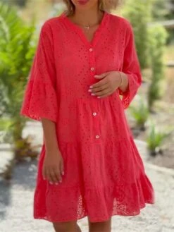 Women's Casual Dress Cotton Linen Dress Mini Dress Polyester Fashion Modern Outdoor Daily Holiday Split Neck Button Eyelet 3/4 Length Sleeve Summer Spring Fall 2023 Loose Fit Red Plain S M L XL 2XL