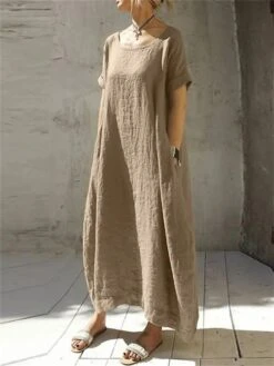 Women's Cotton Linen Dress Casual Dress Maxi Long Dress Cotton Blend Casual Outdoor Daily Vacation Crew Neck Pocket Short Sleeve Summer Spring 2023 Loose Fit Navy Blue Camel Brown Pure Color S M L XL -HAYz Clothing Shop oakvep1681380584758