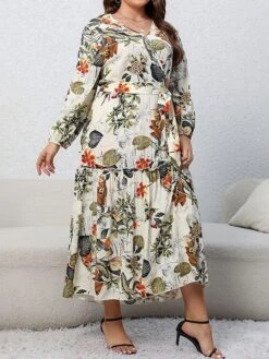Women's Casual Dress Swing Dress Print Dress Leaf Floral Ruffle Print V Neck Long Dress Maxi Dress Fashion Streetwear Outdoor Daily Long Sleeve Regular Fit Blue Apricot Fall Winter XL XXL 3XL 4XL -HAYz Clothing Shop oandmn1697539482626