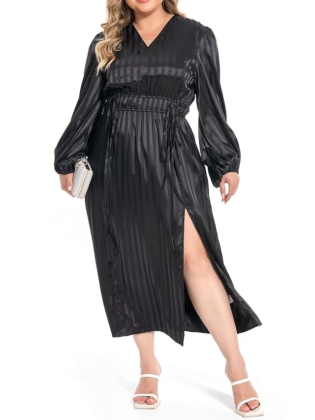 Women's Plus Size Curve Work Dress Satin Dress Black Dress Plain Midi Dress Long Sleeve Split V Neck Fashion Office Black Fall Winter L XL XXL 3XL 4XL 2 Women's Plus Size Curve Work Dress Satin Dress Black Dress Plain Midi Dress Long Sleeve Split V Neck Fashion Office Black Fall Winter L XL XXL 3XL 4XL - Image 2