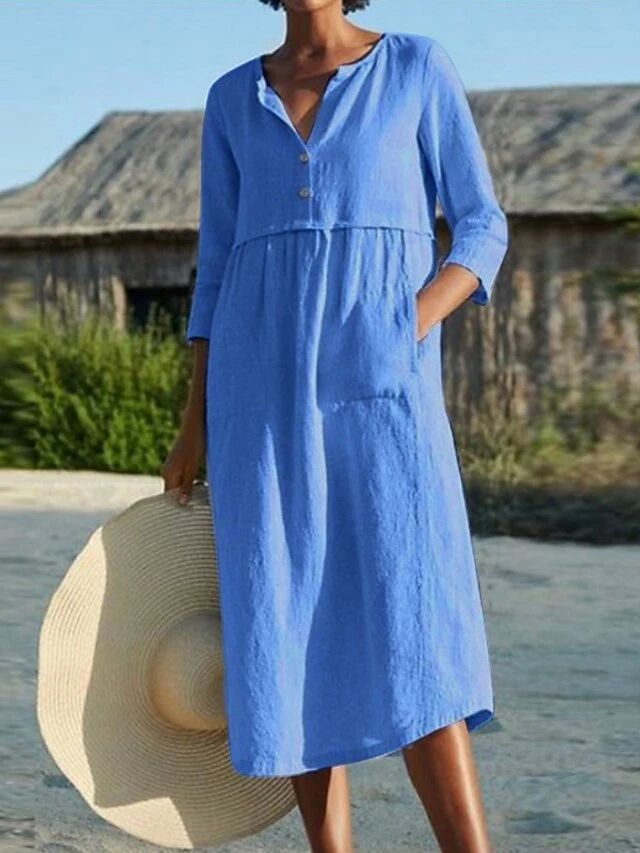 Women's Cotton Linen Dress Shift Dress A Line Dress Maxi Long Dress Linen Cotton Blend Hot Casual Daily Vacation Shirt Collar Pocket 3/4 Length Sleeve Summer Spring Linen Loose Fit Black Pink Wine 3 Women's Cotton Linen Dress Shift Dress A Line Dress Maxi Long Dress Linen Cotton Blend Hot Casual Daily Vacation Shirt Collar Pocket 3/4 Length Sleeve Summer Spring Linen Loose Fit Black Pink Wine - Image 3