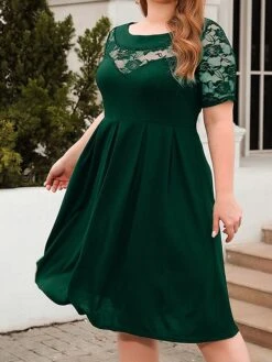 Women's Plus Size Curve Party Dress Lace Dress Semi Formal Dress Solid Color Midi Dress Short Sleeve Lace Crew Neck Fashion Party ArmyGreen Black Fall Winter XL XXL 3XL 4XL -HAYz Clothing Shop obavhb1695813612696